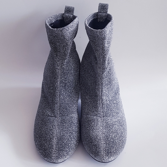 ZARA Silver Glitter Round Stacked Heel Sock Ankle Boots - Picture 3 of 14